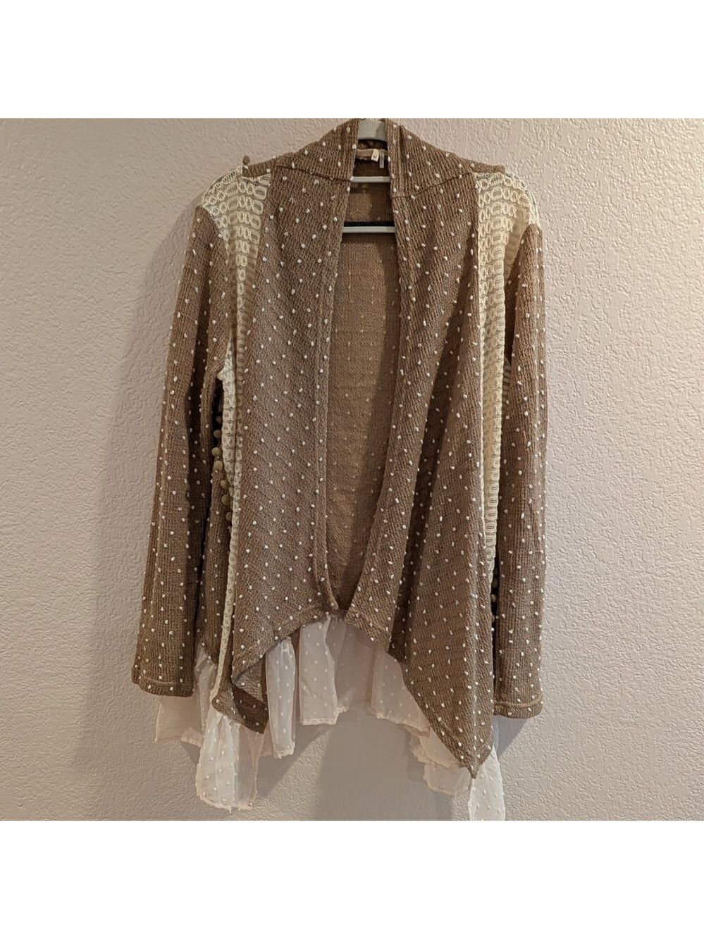 RYU Anthropology Beige White Pom Pom Embroidery Open Front Medium